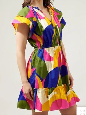Sugarlips Mini Dress in Pink, Blue, Yellow & Green Abstract Size M